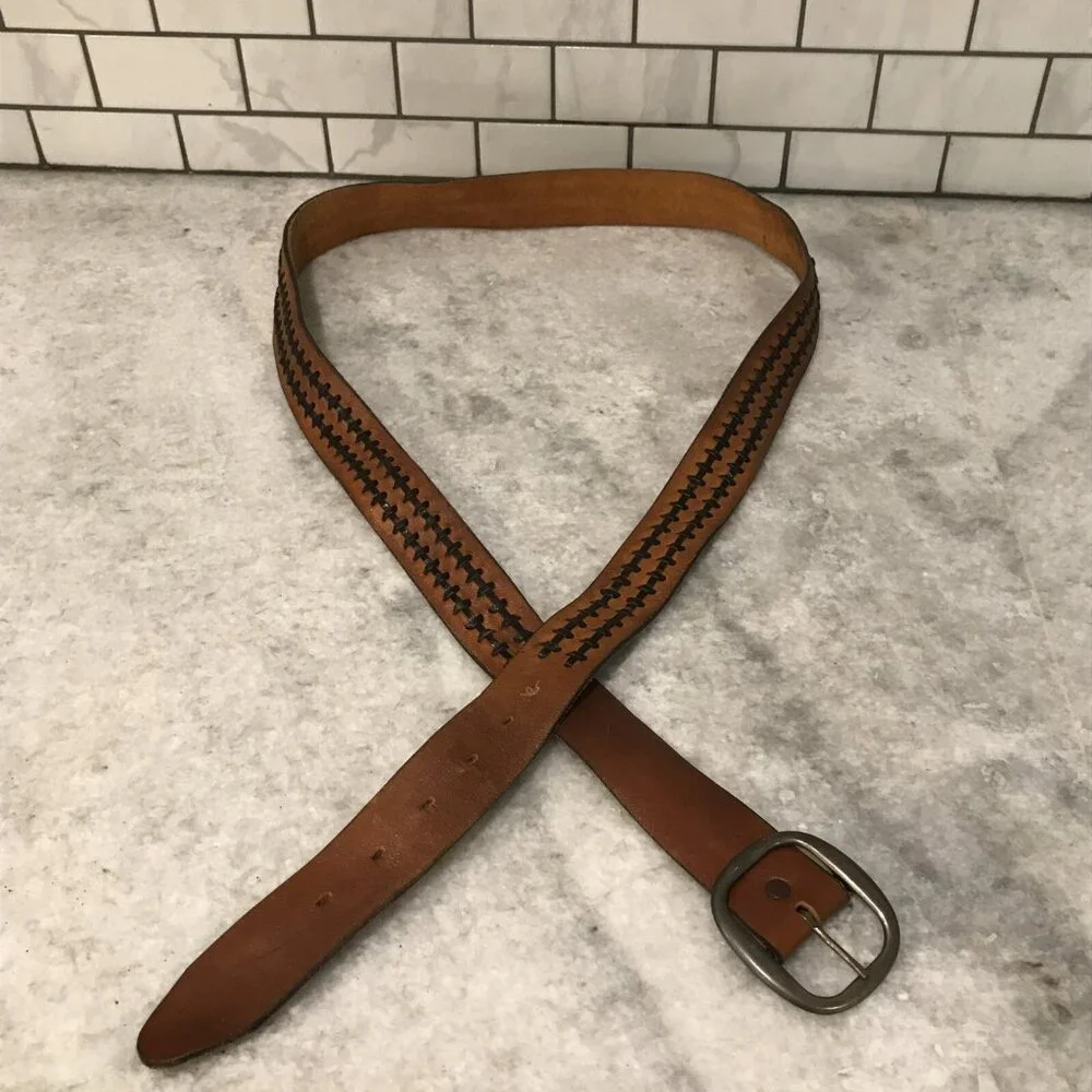 Vintage Leather Belt Mens 52 Brown Black Laced Woven Brass Buckle Western Cowboy